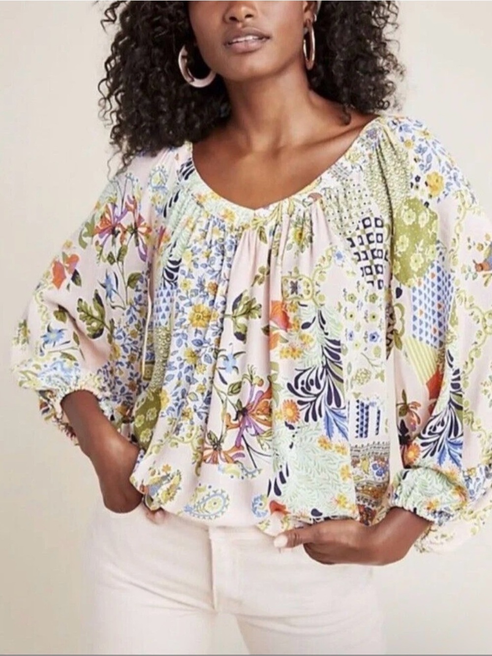 Maeve Anthropologie Boswell Blouse Size 6 Pink Patchwork Floral Peasant Boho Top